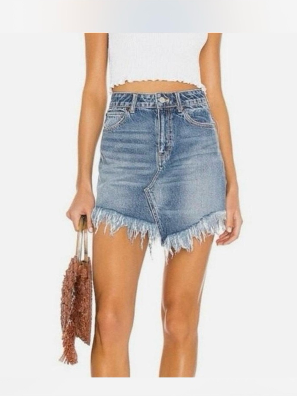 We The Free Blue Denim Asymmetrical Frayed Mini Skirt